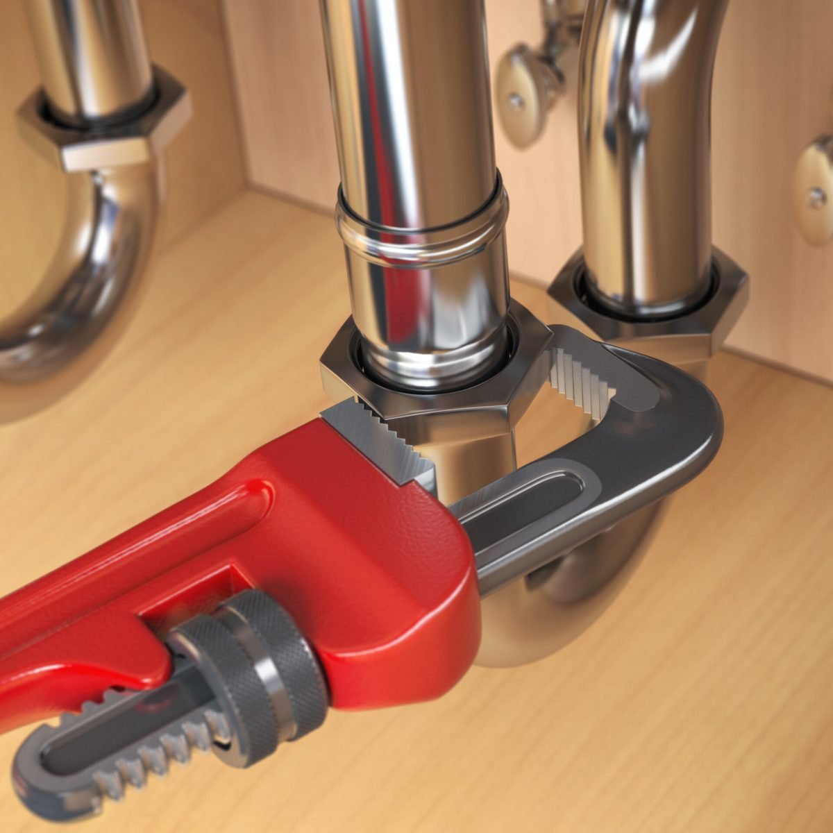 Pllumber using an ajustable wrench to repair a water pipe under the sink. 3d illustration